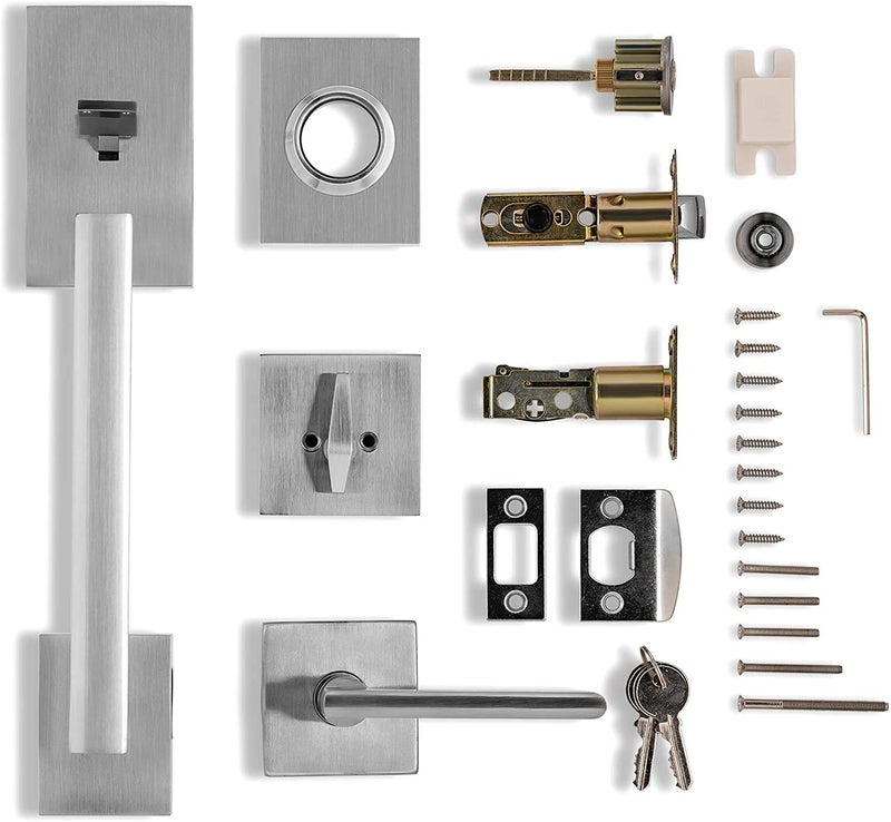 Berlin Modisch HandleSet Front Door Entry Handle and Deadbolt Lock Set Slim Square Single Cylinder Deadbolt and Lever Reversible for Right & Left Sided Doors Heavy Duty â€“ Satin Nickel Finish - Image 3